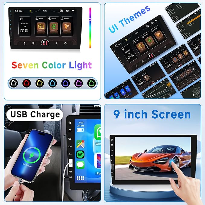Single Din Car Stereo with Wireless Carplay & Android Auto-9 Inch IPS Touch Screen Radio with Bluetooth GPS, Mirror Link, FM Radio,SWC/USB/DSP+ Backup Camera