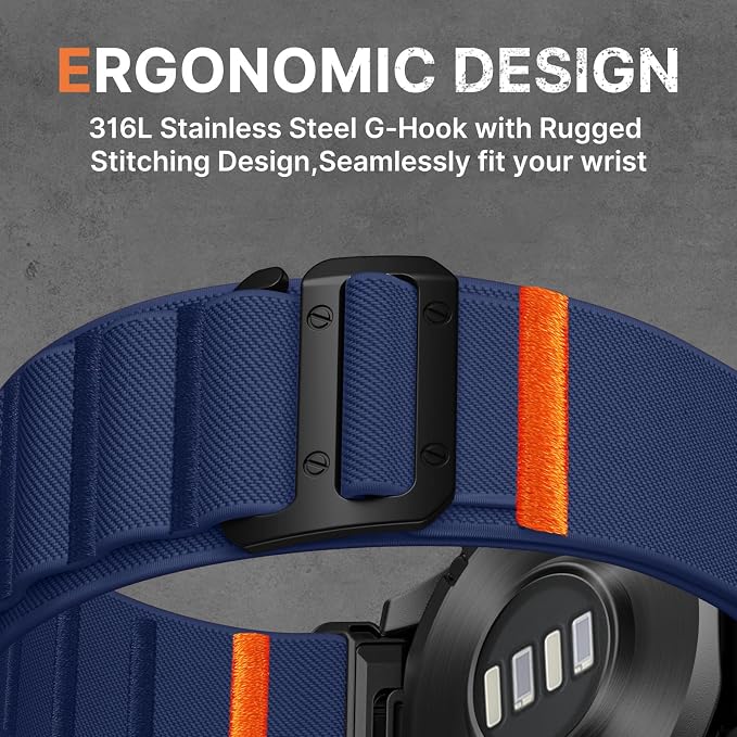 Bandletic 26mm Bands Compatible with Garmin Fenix 5x Watch Band, Nylon Stretchy Rugged Loop Sport Straps with G-Hook for Fenix 8 51mm/7X 6X Pro/Plus/3/3 HR/Tactix/Epix Pro2 51mm//Instinct 2X, Navyblue