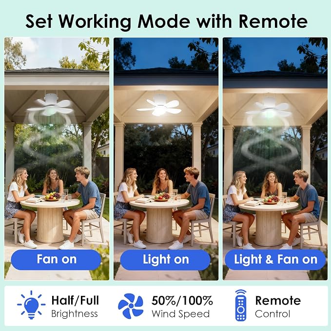 Solar Ceiling Fan Light, Portable Solar Powered Gazebo Fan Light for Outside, Rechargeable Battery Camping Fan Light with Remote, for Outdoor Canopy Tent RVs Porch Patio Greenhouse Pergola