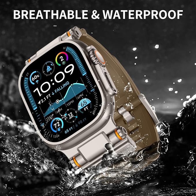 FOAMUNOC Rugged Band Compatible with Apple Watch Ultra 3/2/1 Band 49mm/46mm/45mm/44mm/42mm, Metal Connector with Strap for iWatch Ultra Series 11/10/9/8/7/6/SE3/SE2/SE/5/4/3/2/1, Desert Tan/Titanium