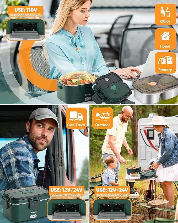 Eocolz Electric Lunch Box Food Heater 100W, Food Warmer with Dual Container 1.8L Portable Heated Lunch Box for Car Truck Work Stainless Steel Fork & Spoon 12/24/110V for Adults Lonchera Eléctrica