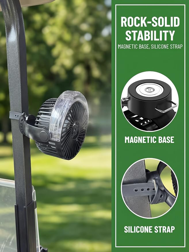 Magnetic Golf Cart Misting Fan with Heavy-Duty Strap, 12000mAH Battery Operated Portable Fan with 4 Speeds, LED, Timer, Suitable for EZGO Club Car Yamaha, Golf Cart & Camping Accessories 2026
