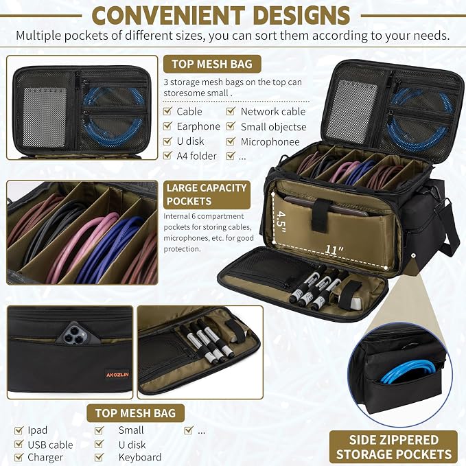 AKOZLIN Cable File Bag with Detachable Dividers for DJ Gear, Sound Instrument Accessories