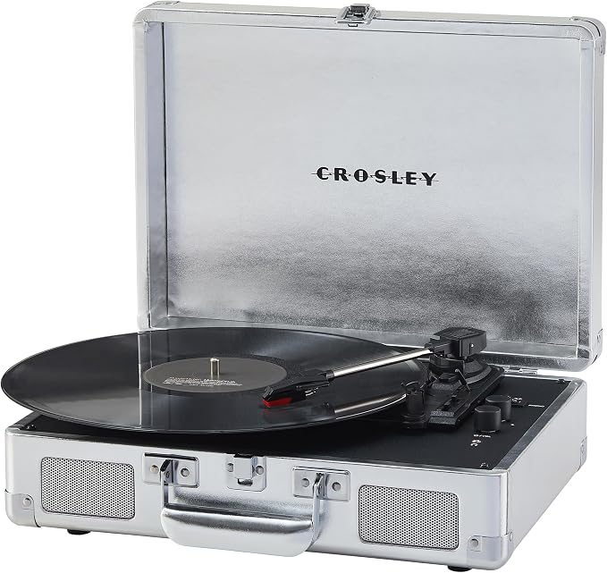 Crosley CR8005F-SI Cruiser Plus Vintage 3-Speed Bluetooth in/Out Suitcase Vinyl Record Player Turntable with Built-in Speakers, Silver