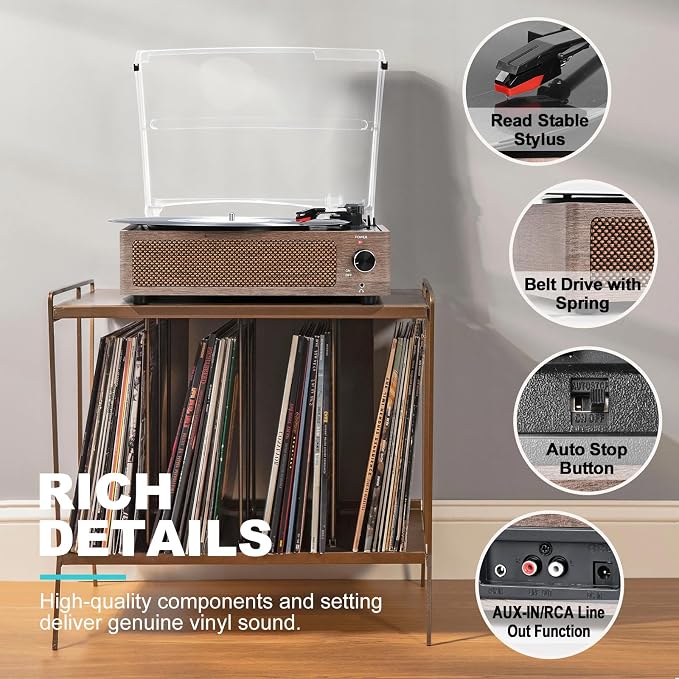 Vintage Record Player with Speakers Turntable for Vinyl Records Belt-Driven Turntable 3-Speed 3 Size Wireless Playback Headphone AUX-in RCA Line LP Vinyl Players Auto Stop Wood Grey