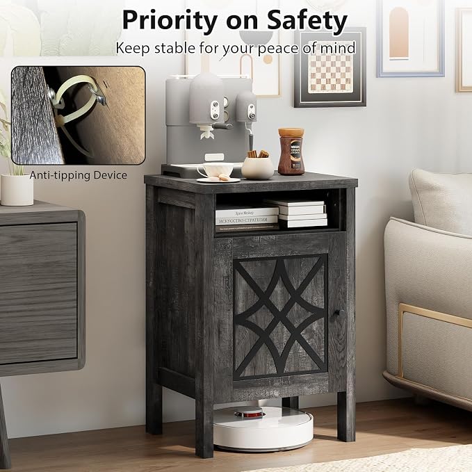 Giantex Robot Vacuum Storage Cabinet, Farmhouse End Table with Anti-Tipping Device, Anti-Slip Foot Pads, Nightstand, Space-Saving Sweeping Robot Stand for Small Space, Bedroom, Kitchen, Office (Gray)