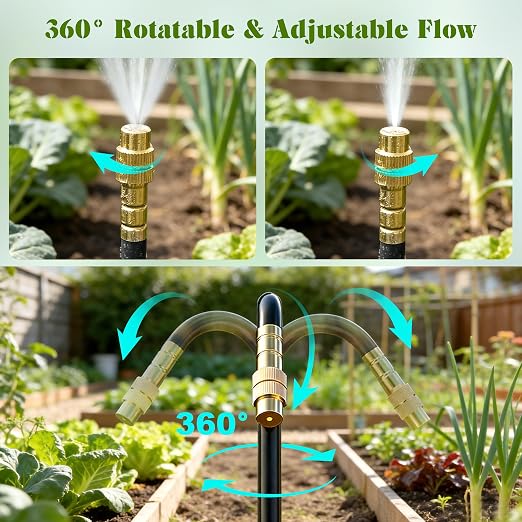 Drip Irrigation System for Garden, Automatic Watering System with Adjustable 360° Copper Spray Nozzles, DIY Drip Irrigation Kit for Yard, Lawn, Greenhouse, Raised Beds & Potted Plants (50FT)