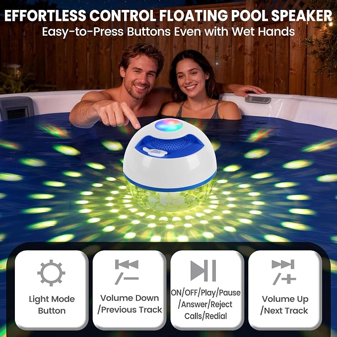 Luxfero 2026 Upgraded Bluetooth Pool Speaker, Floating Pool Speaker with Top & Bottom Lights, BT5.4 Hot Tub Speaker IP68 Waterproof Floating Speaker, Portable Floating Bluetooth Speaker for Pool-White