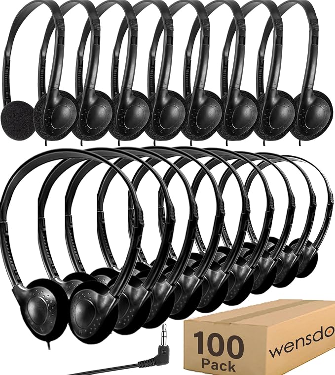Bulk Headphones 100 Pack for Classroom School Kids, Wholesale Wired Durable Earphones Class Set for Students Children Toddler Teens Boys Girls and Adult (HY857,100 Black)