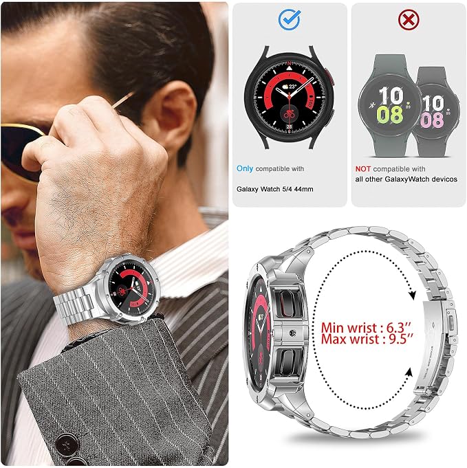 SUPLINK Stainless Steel Case and Bands Compatible with Samsung Galaxy Watch 5 Band/ 4 Bands 44mm, Metal Adjustable Strap Protective Bumper for Samsung Watch 4 5 Band Men, Silver