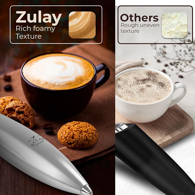 Zulay Kitchen Powerful Milk Frother Wand With Duracell Batteries - Ultra Fast Handheld Drink Mixer - Electric Whisk Foam Maker for Coffee, Lattes, Cappuccino & Matcha - Triple Whisk - Luminous Silver