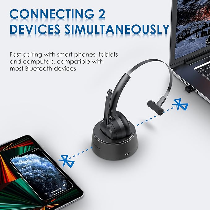 Mopchnic Bluetooth Headset, Wireless Headset with AI Noise-Canceling Microphone, On Ear Wireless Headset with USB Dongle for Work from Home Computer Office