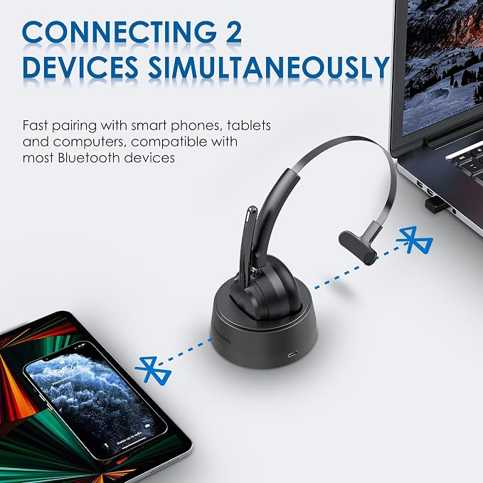 Mopchnic Bluetooth Headset, Wireless Headphone with AI Noise-Canceling Microphone On Ear Wireless Headset with USB Dongle for Computer Office