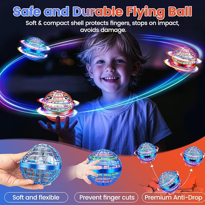 Flying Orb Ball Toy, 2026 Upgrade Hand Controlled Hover Ball with LED Lights, 360° Rotating Boomerang Globe, Cool Mini Drone, Ideal Birthday&Christmas Gift for Boys Girls-Blue & Red