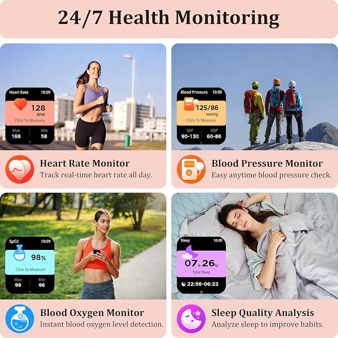 Smart Watch Women Men, 1.85’’ Reloj Inteligente para mujer hombre, Make/ Answer Call, Health Monitor/Blood Pressure, 110+ Sports Modes, Voice Control, IP68 Waterproof Compatible with Android & iPhone