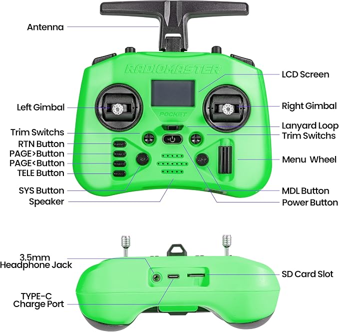 Radiomaster Pocket ELRS Remote Controller Portable Hall Gimbal EdgeTX 2.10.5 Transmitter with LED Light for FPV Drone/RC Helicopter&Car Boats&Multirotor (Battery Not Included)