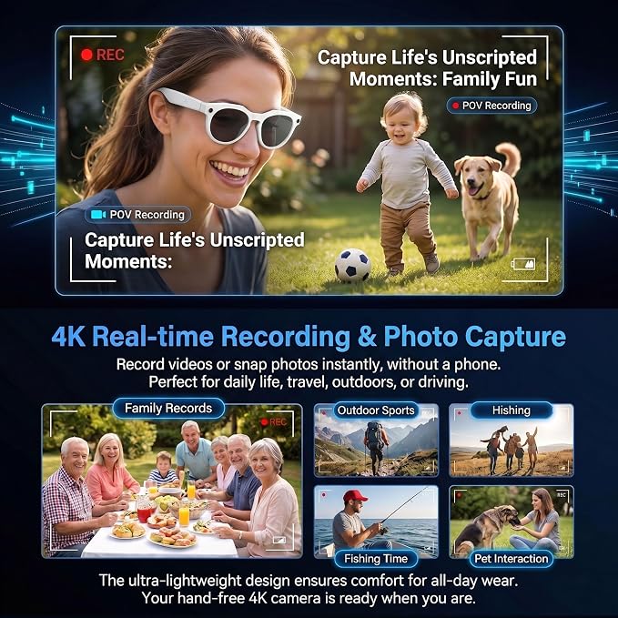 AI Smart Camera Glasses, 1080P HD POV Video Recording and Translator, Object Recognition, Bluetooth Audio for Music Calls, 290mAh Battery, Photochromic Lenses for Vlog, Travel and Work