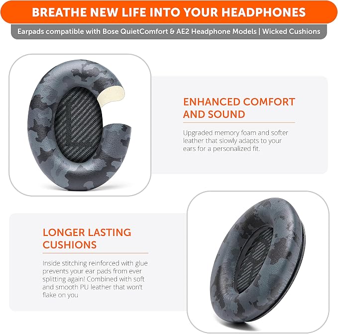 WC Wicked Cushions Upgraded Replacement Ear Pads for Bose QC35 & QC35ii (QuietComfort 35) Headphones & More - Softer Leather, Luxurious Memory Foam, Added Thickness, Extra Durability | Black Camo