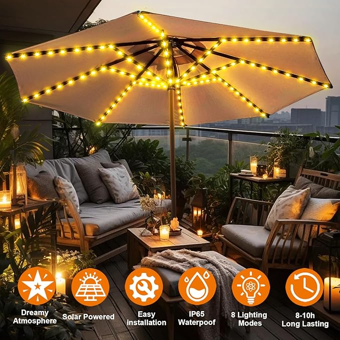 Patio Umbrella Solar Lights with 8 Lighting Modes - Upgraded Larger Solar Panel Clip 5V 152 LEDs Umbrella Lights Outdoor Waterproof for Patio Beach Tent Camping Garden Decor, Warm White