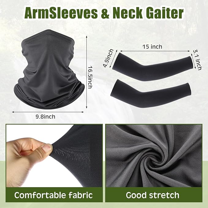 3 Pcs Solar Fan Hat with Arm Sleeves Neck Gaiter Wide Brim Sun Hat Solar Powered USB Charging for Men Women