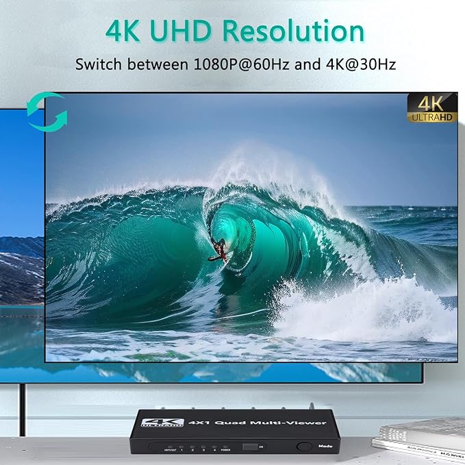HDMI Multiviewer Switch 4x1, HDMI Quad Multi-Viewer 4 in 1 Out switcher with IR Remote, Support 4K@30Hz 1080P@60Hz and 12 Display Modes for Security Camera, Gaming Consoles