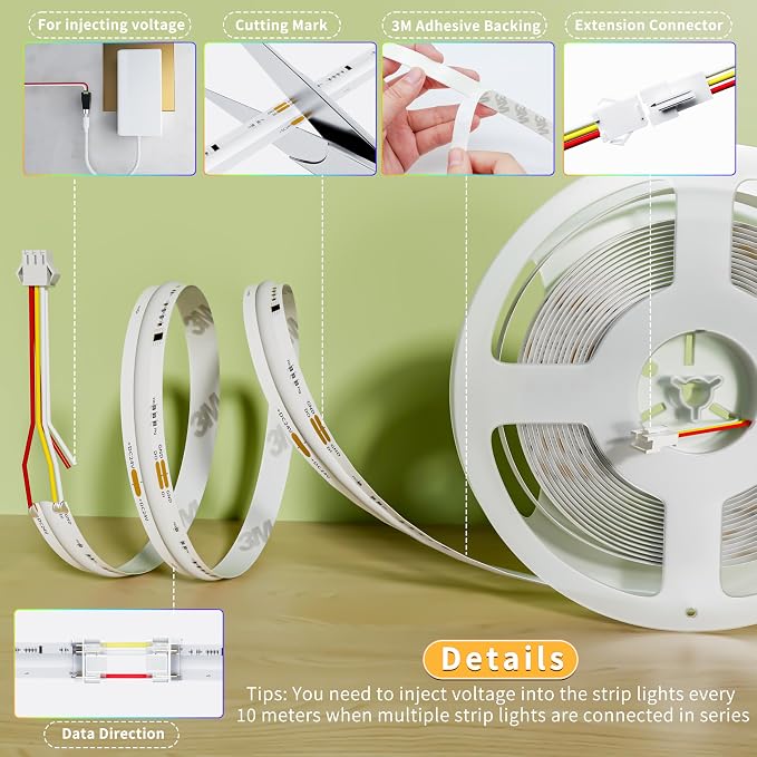 PAUTIX IP65 Waterproof RGB Smart IC COB LED Strip Light Addressable 16.4ft/5m,24V Color Flowing Strip Light Multicolor Flexible Tape Lights for TV,Room,Party DIY Decoration(Without Controller&Adapter)