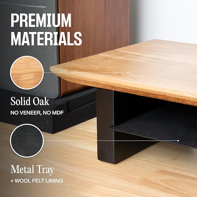 COREMINDED Solid Wood Dual Monitor Stand Riser – 42" Oak Desk Shelf for 2 Monitors with Tray & Wool Felt, Organizer for Desktop, Laptop and Office (Solid Oak)