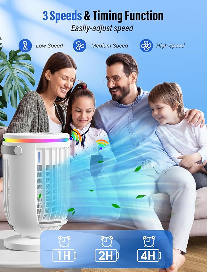 Portable Air Conditioners,Personal Mini Air Conditioner Fan with 1200ml Water Tank,4 in 1 Evaporative Air Cooler Cooling Fan with 2 Modes,3 Speeds,7 Night Lights, Portable AC for Bedroom, Office, Desk