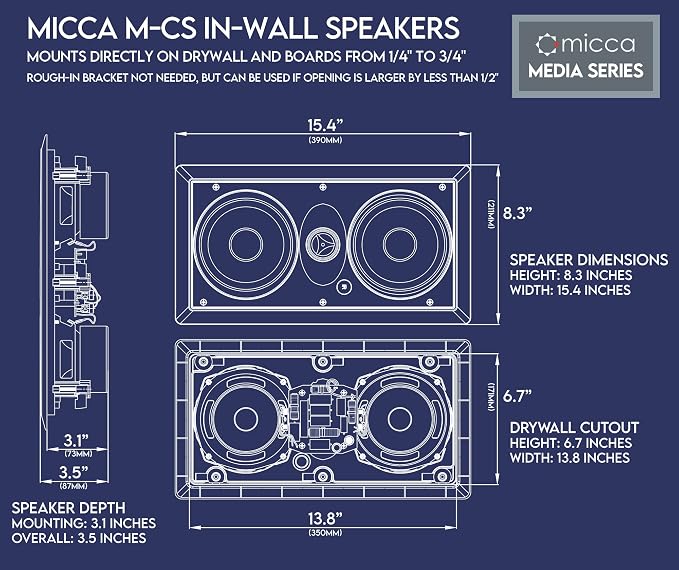 Micca M-CS Dual 5.25 Inch 2-Way in-Wall Center Channel Speaker for Home Theater, Whole House Audio, MTM LCR Design, 5.25" Poly Woofers, 1" Pivoting Silk Tweeter, White, Paintable, Each