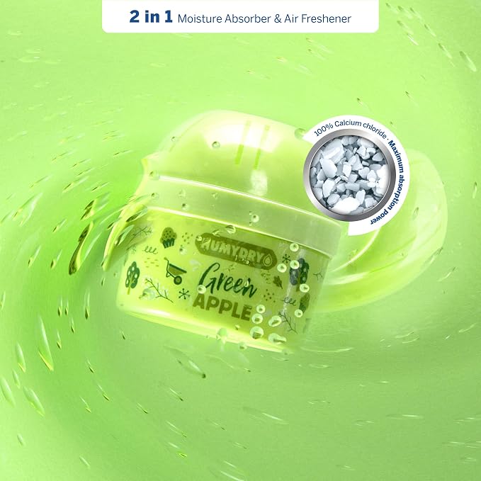 HUMYDRY Moisture Absorber Device, Mini Pack of 12 2.6oz, Up to 500 Days of Moisture and Humidity Control, Fights Summer Humidity, Green Apple Air Freshener, Small Space Dehumidifier, Non Electric