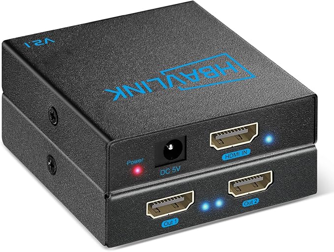 HDMI Splitter - HDCP, HDR, Dolby/DTS5.1/7.1 - Compatible with Firestick 4k Max, PS3/PS5 & Elgato HD60s/x/Pro, Apple TV 4K, Retrotink, Roku soundbar, NOT for Phone (HB-SP102B-8K)