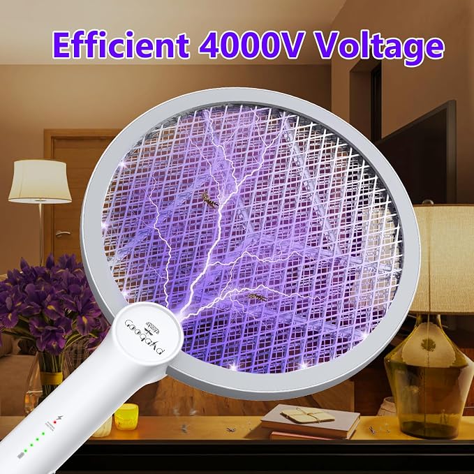 Bug Zapper Racket, 2 in 1 Mode Electric Fly Swatter USB Rechargeable, 4000V Electric Fly Zapper with 3 Layer Safety Mesh, Indoor Outdoor Electric Racket for Kitchen, Bedroom, Camping