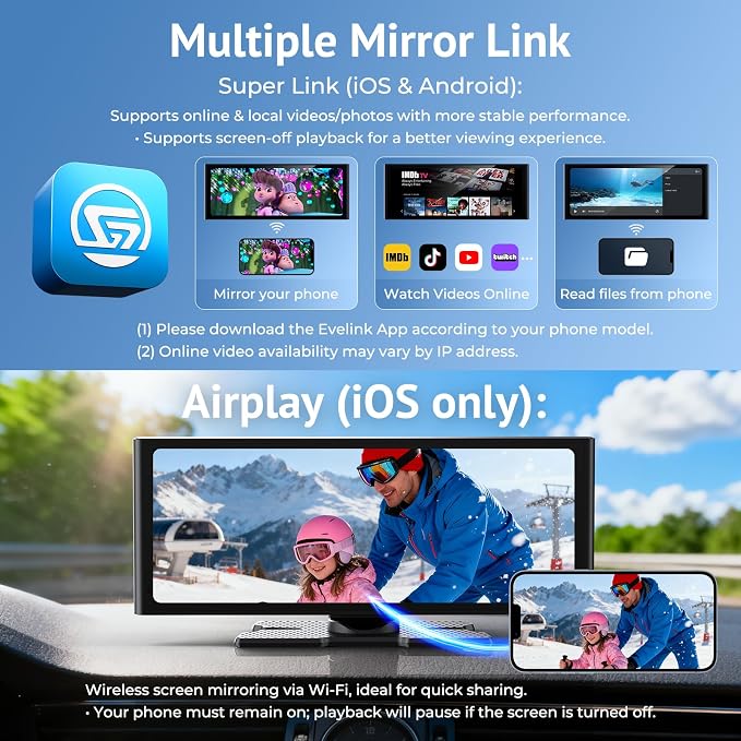 10.26" HD Wireless CarPlay Screen for Carplay & Android Auto Touch Screen,4K Dash Cam,1080P Backup Camera,Mirror Link,GPS,Bluetooth,64G TF,for All Vehicles