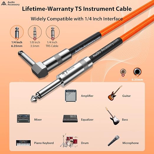 AA AUDIO ACCESSORY Right Angle Guitar Cable 15 ft, Nylon Braided Kevlar-Reinforced, 20AWG 99.99% OFC 1/4 Instrument Cable, Dual Shielded Amp Cord for Fender Electric Guitar,Neon Orange