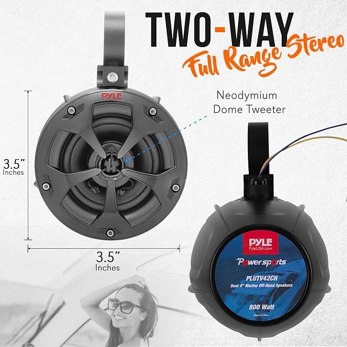 Pyle 800W Marine Speakers with Amplifier - 4" Waterproof Full Range Water Resistant Stereo Tower Speakers System with RCA, AUX, and MP3 Audio Input Cable for ATV, UTV, 4x4, Quad, Jeep, Boat