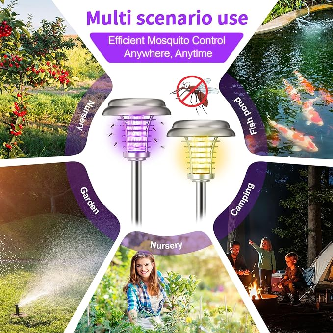 4 Pcs Solar Bug Zapper Outdoor Waterproof Mosquito Repellent Light Solar Power Fly Killer Lamps for Moths, Gnats, Fly, Small Flying Insect Backyard Garden Lawn (Stainless Steel,Purple & Warm Light)