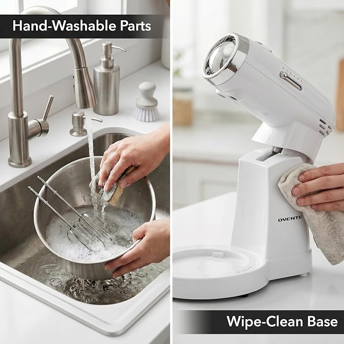 OVENTE Electric Stand Mixer with 3.5 Quarts Stainless Steel Mixing Bowl, 5 Speed Portable and Lightweight 250W Kitchen Mixer for Everyday Use, Includes 2 Egg Beater Whisk and Dough Hook, White SM680W