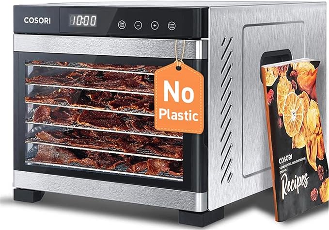 Cosori Food Dehydrator, Bigger Than 7 Trays with Large 6.5 ft² Drying Space, Stainless Steel Trays, 600W Faster Drying, 165°F Dehydrated Dryer for Jerky, Dog Treats, Herbs, Meat, Fruit, Yogurt, Silver