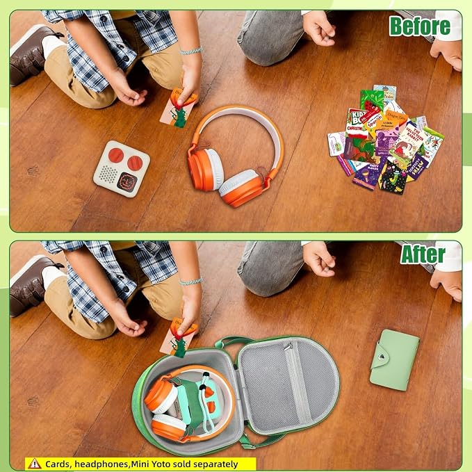 Hard Case Compatible with Yoto Mini (2024 Edition), 3-in-1 Travel Bundle: Silicone Cover + Case with Shoulder Strap (Fits Mini Player & Headphones) + Up to 10 Card Holder for YOTO Cards (Green)