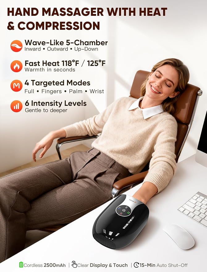 JZBRAIN Hand Massager with Heat and Compression, Black | Cordless, Heated Hand Massage for Arthritis and Carpal Tunnel, 4 Modes 6 Intensities, Portable Rechargeable