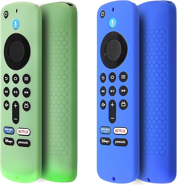 Pinowu Remote Cover Case (2pcs) Compatible with Fire TV Stick HD / 4K(2nd Gen) / 4K Plus / 4K Select Alexa Voice Remote, Anti Slip Silicone Sleeve with Wrist Strap(Green Glow,Blue NOT Glow)