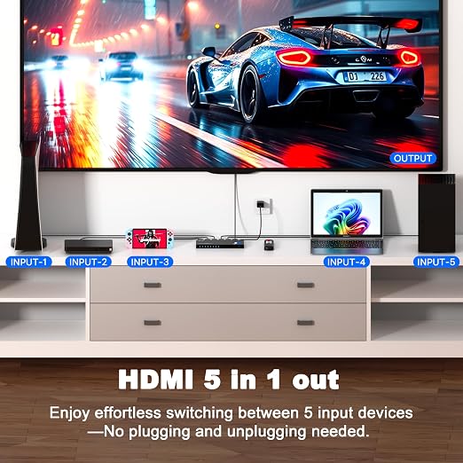 4K HDMI Switch 5x1 with Remote - 4K@60Hz HDR HDCP 2.2 - Auto-Switcher Splitter for PS5/PS4/Xbox/Switch/PC
