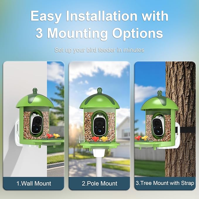 Smart Bird Feeder with Camera Outdoor Birdhouse: AI Identifies 11000+ Species, 2K HD with Arrival Alerts, Attracts Hummingbirds, Dual Squirrel-Proof, Solar Powered, Gifts for Bird Lovers Mom Dad