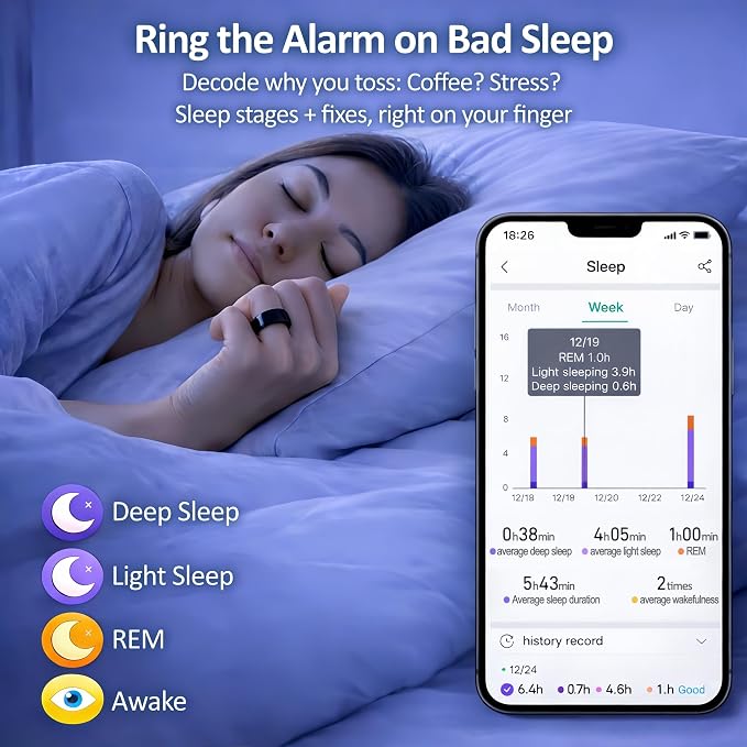 Smart Ring Health & Fitness Tracker for Men & Women, Heart Rate, SPO₂, Sleep & Activity Monitoring, IP68 Waterproof, Long Battery Life, Family Care Mode, No Subscription Fee (Black, 8)