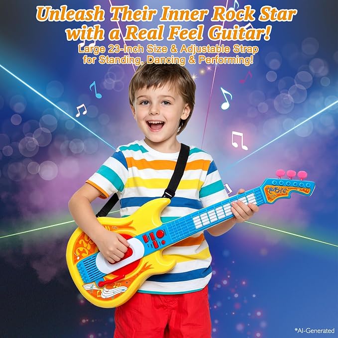 Sealive Toy Guitar for Kids Ages 3-5, 22 Inch Electric Guitar with Strap | Toy Guitar for Toddler 3-5, Pretend Play, Music Learning, Birthday Gift, Flashing Lights, Realistic Strumming, Yellow