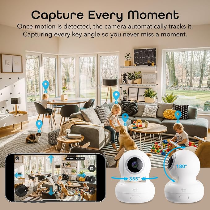 Geeni Sentinel Smart 2K Indoor Security Camera with Auto-Tracking – Dual-Band 2.4GHz & 5GHz WiFi, 2K HD Video, App & Voice Control, Motion Detection, White