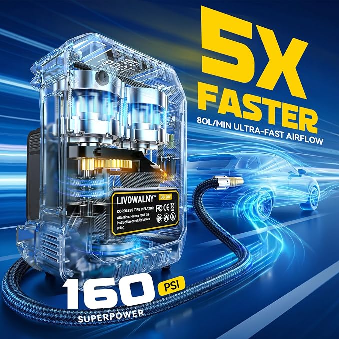 5X Faster Tire Inflator Air Compressor, LIVOWALNY 160PSI Cordless Air Pump Compatible with Dewalt 20V Battery with Digital Pressure Gauge, Deflator & Auto Shut-Off for Car, Motorcycle (Tool Only)