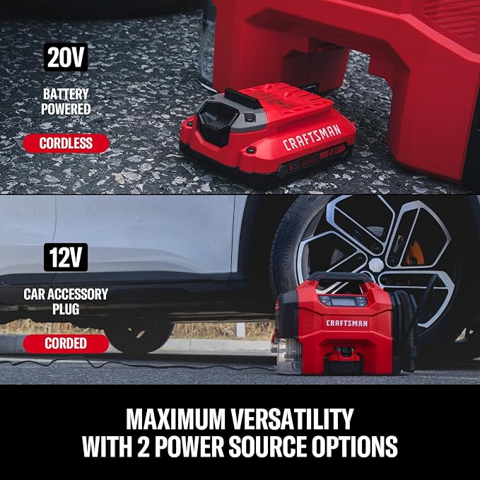 CRAFTSMAN 3-in-1 Tire Inflator, 160PSI Portable Air Compressor/Car Vacuum/Dust Blower, 20V Cordless & 12V Car Power, Air Pump with LED Light for Cars Trucks RV Tires (Battery Sold Separately)