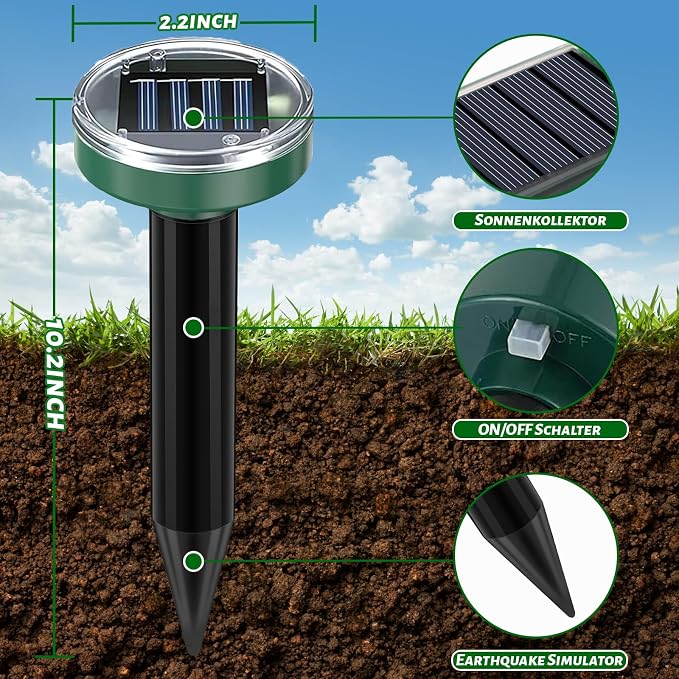Solar Powered Mole Repellent 10 Pack, Effective Ultrasonic Gopher Repeller for Yard, IP44 Waterproof Sonic Vole & Snake Deterrent Spikes, Professional Groundhog Chaser for Lawns, All-Weather Use
