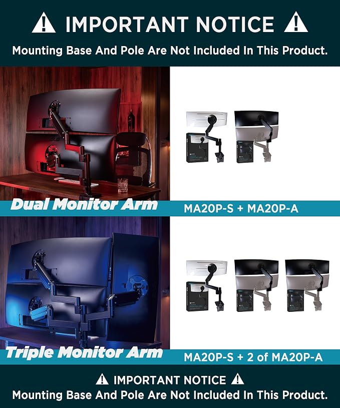 ULTRARM Heavy Duty Extension Arm [Accessory Only - Requires MA20P-S Single Monitor Arm for Use] Dual 49" Vertical Stacked Monitor Mount Height Adjustable - 100x100 VESA Mount, Black, MA20P-A